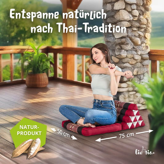 Livasia Thai pillow with 1 pad - 75x50x8cm - triangle pillow with seat cushion, wedge pillow with kapok, foldable back pillow, Thai mat for folding, handmade, meditation pillow (red/elephants)