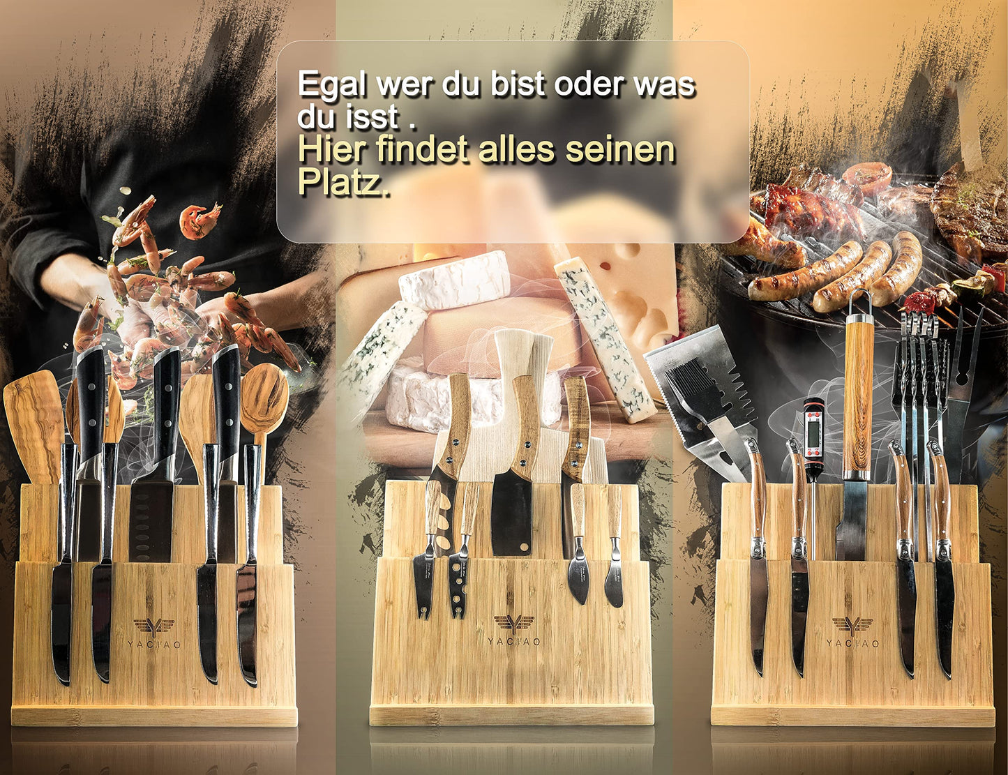 YACIAO magnetic bamboo knife block - 2in1 knife block without knives & kitchen container - Magnet, magnetic - magnetic knife block, Kitchen Organizer, empty knife block.