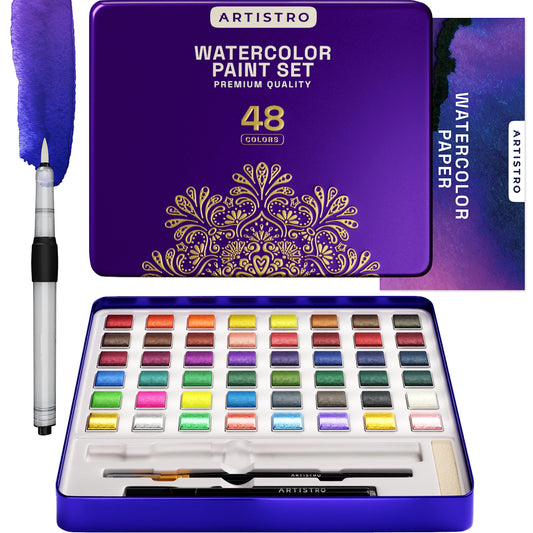 Artistro Watercolor Paint Set, 48 Vibrant Colors, Including Metallic and Fluorescent Colors, Perfect Travel Watercolor Set for Artists, Hobby Painters, and Painting Enthusiasts (Premium Quality)