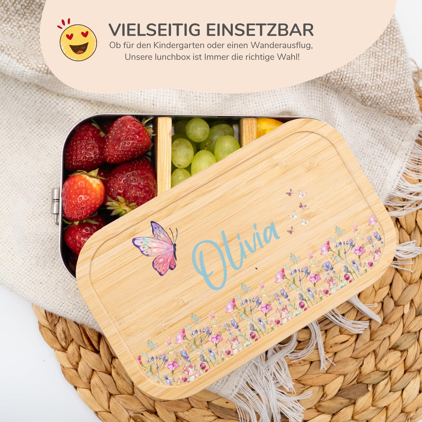 Kidsmood - Personalized lunchbox for kids with compartments, stainless steel container with bamboo lid. Printed without harmful substances, featuring cute animal design and name. Perfect gifts for girls & boys starting school.