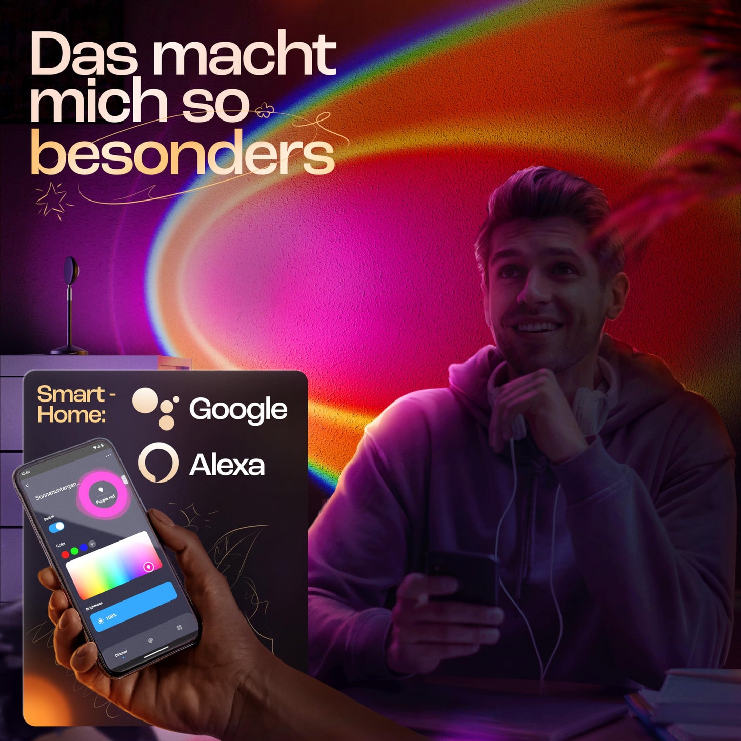 HEYLED® Sunset Lamp with Smart Home Integration and App Control - Includes EBOOK - LED Sunset Lamp for a pleasant sunlight experience (with Alexa and Hey Google voice control)