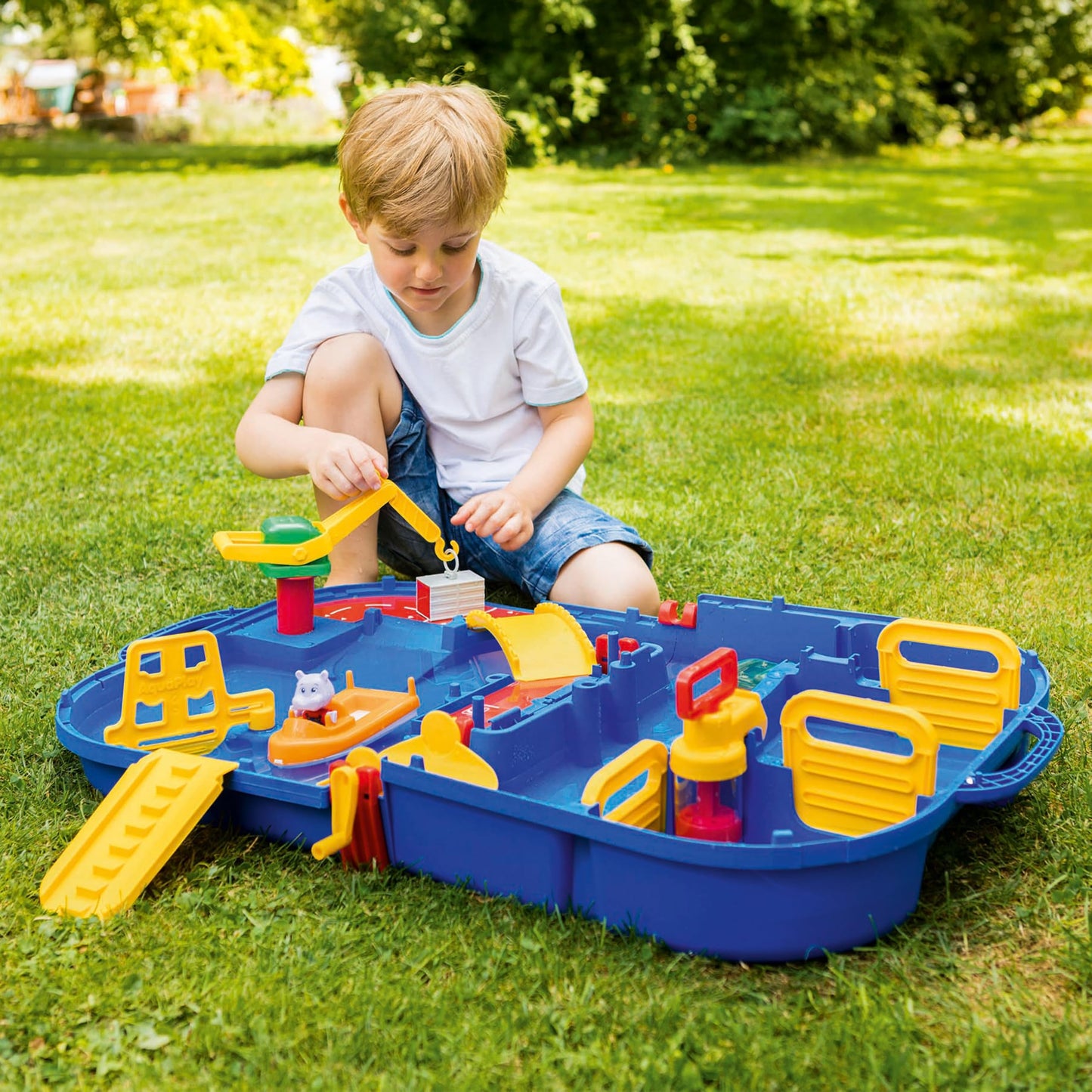 AquaPlay - LockBox - Waterway as a carrying case with 27 pieces, game set including 1 Hippo Wilma, amphibious car, and container boat, for children aged 3 and up, 8700001516, Blue