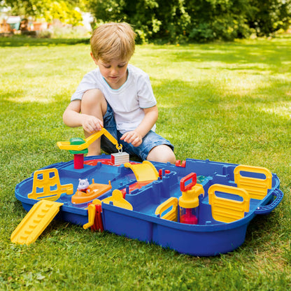 AquaPlay - LockBox - Waterway as a carrying case with 27 pieces, game set including 1 Hippo Wilma, amphibious car, and container boat, for children aged 3 and up, 8700001516, Blue