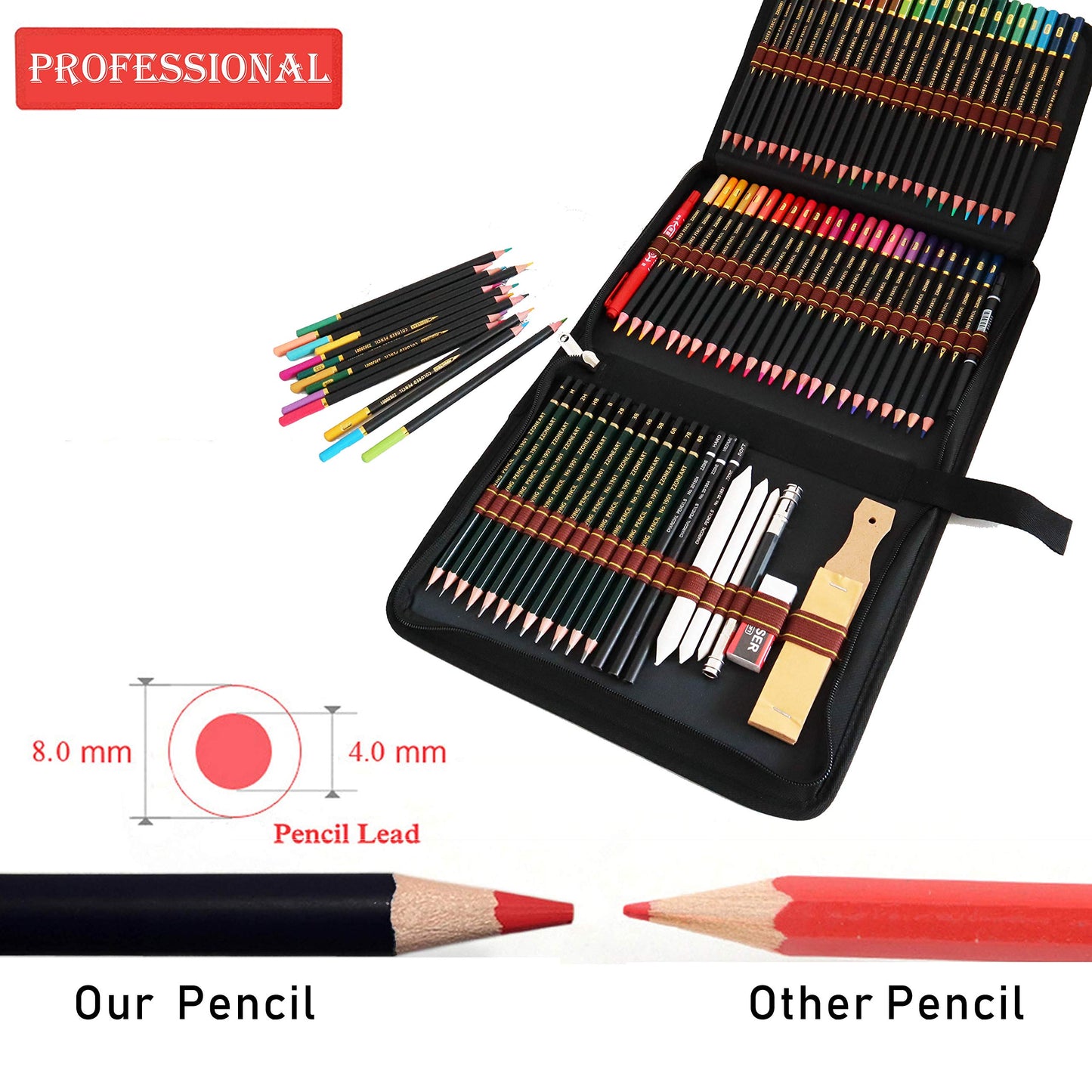 Colored pencils, sketching pencils, and drawing pencils set for sketching and drawing. Professional art set and kit bag with 72 pieces. Set for adult coloring books.