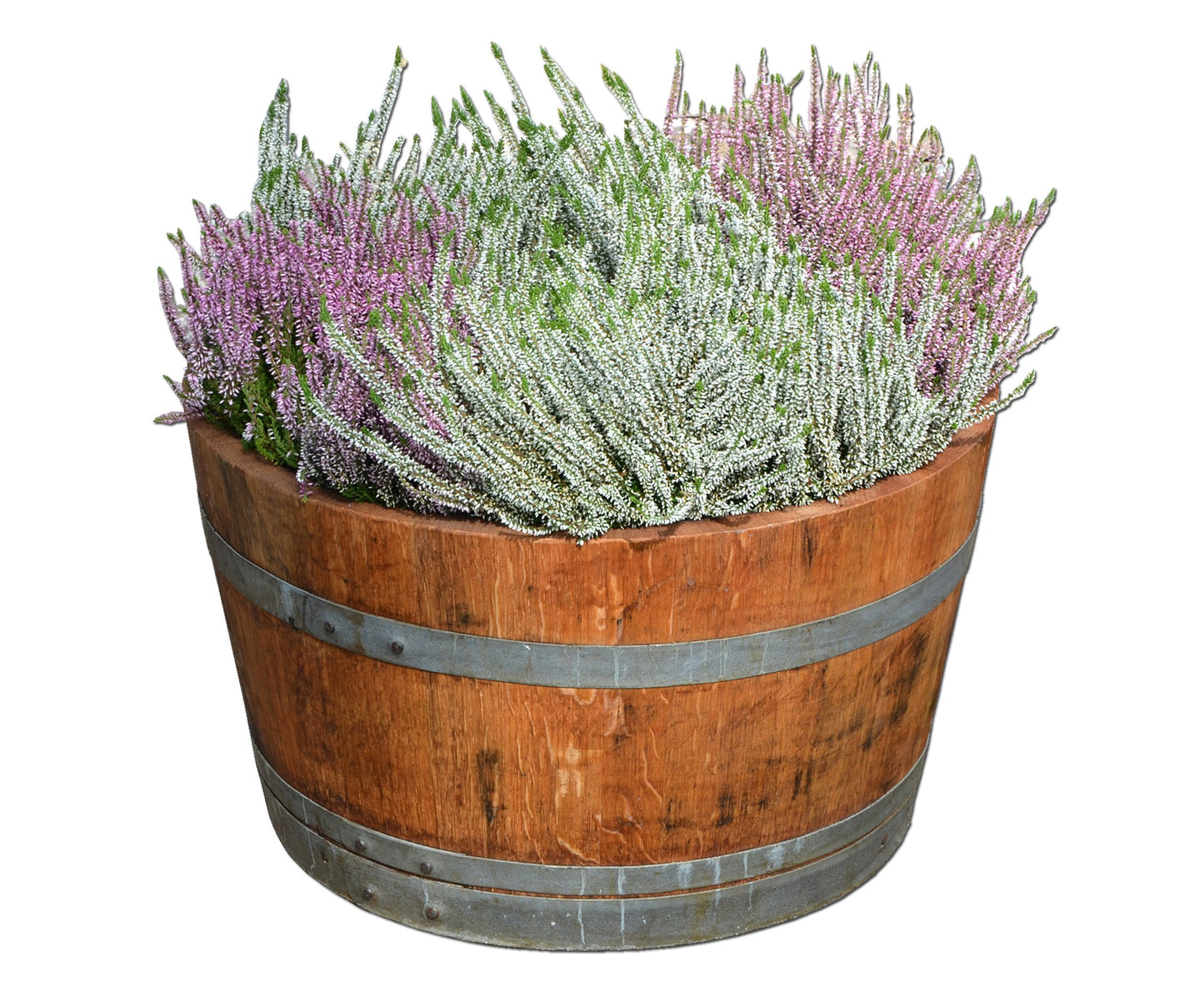 Wooden barrel used as a plant pot, wine barrel halved and oiled (D70 cm) (with handle loops and drainage holes)