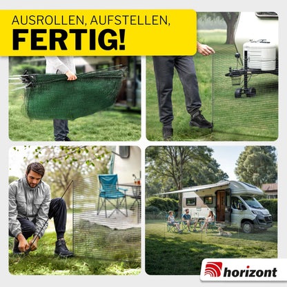 Fixed horizon boundary fence, mobile 15m long & 90cm high fence, close-knit, 9 poles, protection for garden beds, garden net, perfect for camping, dog fence, barrier fence, stake fence.