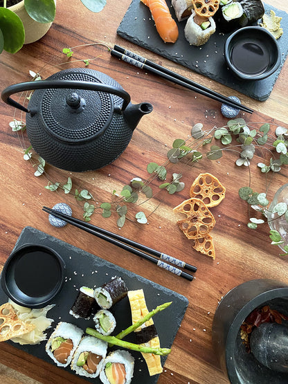 Soypi Sushi Set for 2 - black, 10 piece sushi dish set with chopsticks, slate plates, trays, bowls, delivered in high-quality gift box as a perfect couple's gift.