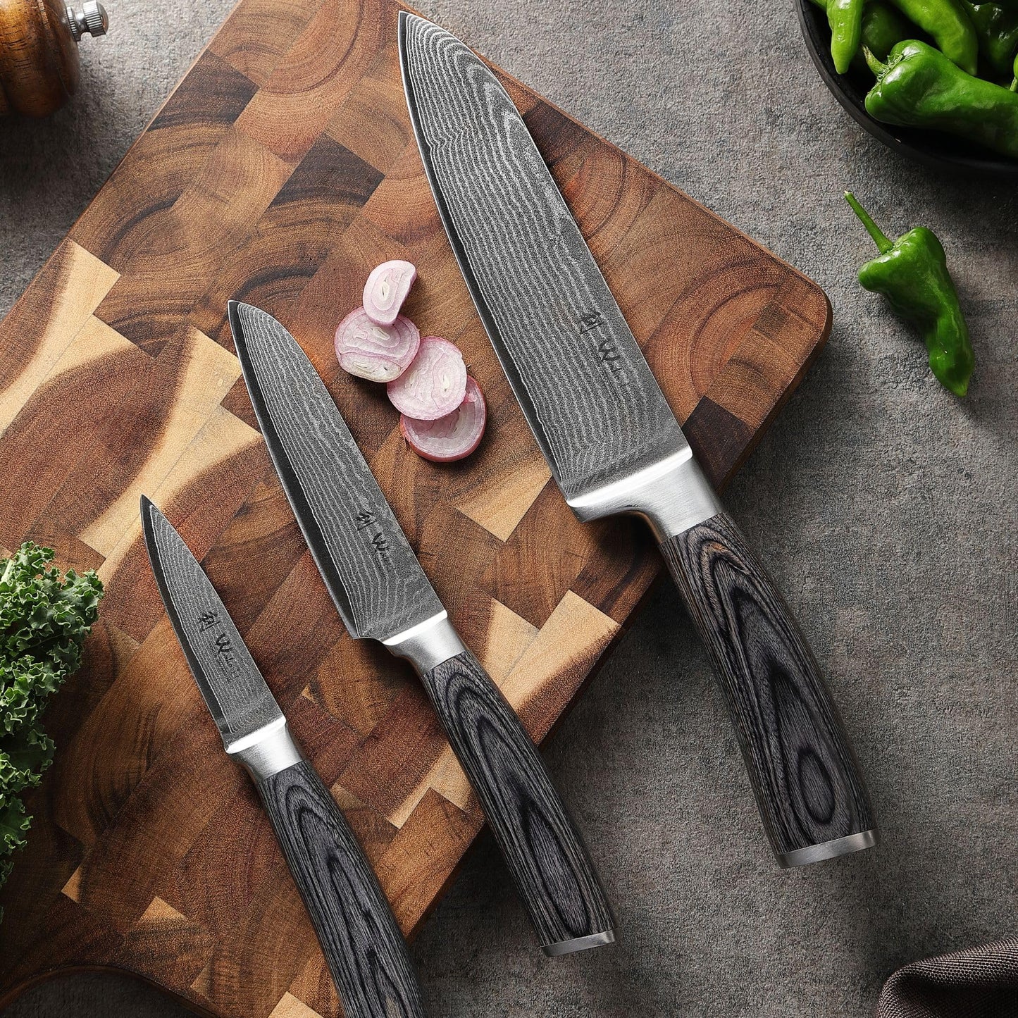 Wakoli Edis Damascus Knife Set 3-piece I Santoku Knife large and small plus Vegetable Knife Utility Knife made of 67 layers of Damascus steel with VG10 core 60±2 HRC I Pakka wood handle I Kitchen knife set in wooden box