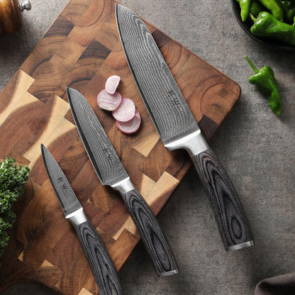 Wakoli Edis Damascus Knife Set 3-piece I Santoku Knife large and small plus Vegetable Knife Utility Knife made of 67 layers of Damascus steel with VG10 core 60±2 HRC I Pakka wood handle I Kitchen knife set in wooden box