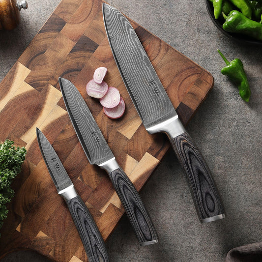 Wakoli Edis Damascus Knife Set 3-piece I Santoku Knife large and small plus Vegetable Knife Utility Knife made of 67 layers of Damascus steel with VG10 core 60±2 HRC I Pakka wood handle I Kitchen knife set in wooden box