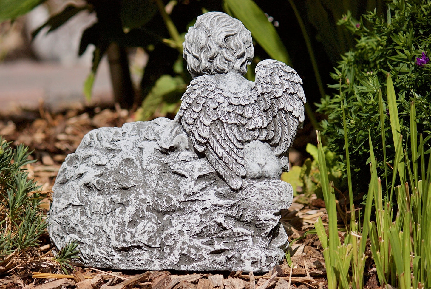 stoneandstyle grave decoration stone figure angel on rock with mourning saying, solid stone casting, frost and weather resistant
