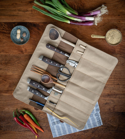 Angus Stoke Chef Knife Bag made of buffalo leather | 14-slot leather knife roll for chefs - Large Duplex Knife Bag (Brown)