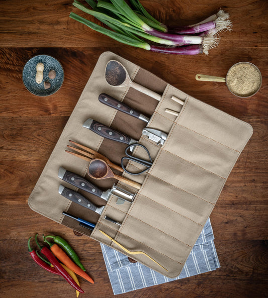 Angus Stoke Chef Knife Bag made of buffalo leather | 14-slot leather knife roll for chefs - Large Duplex Knife Bag (Brown)