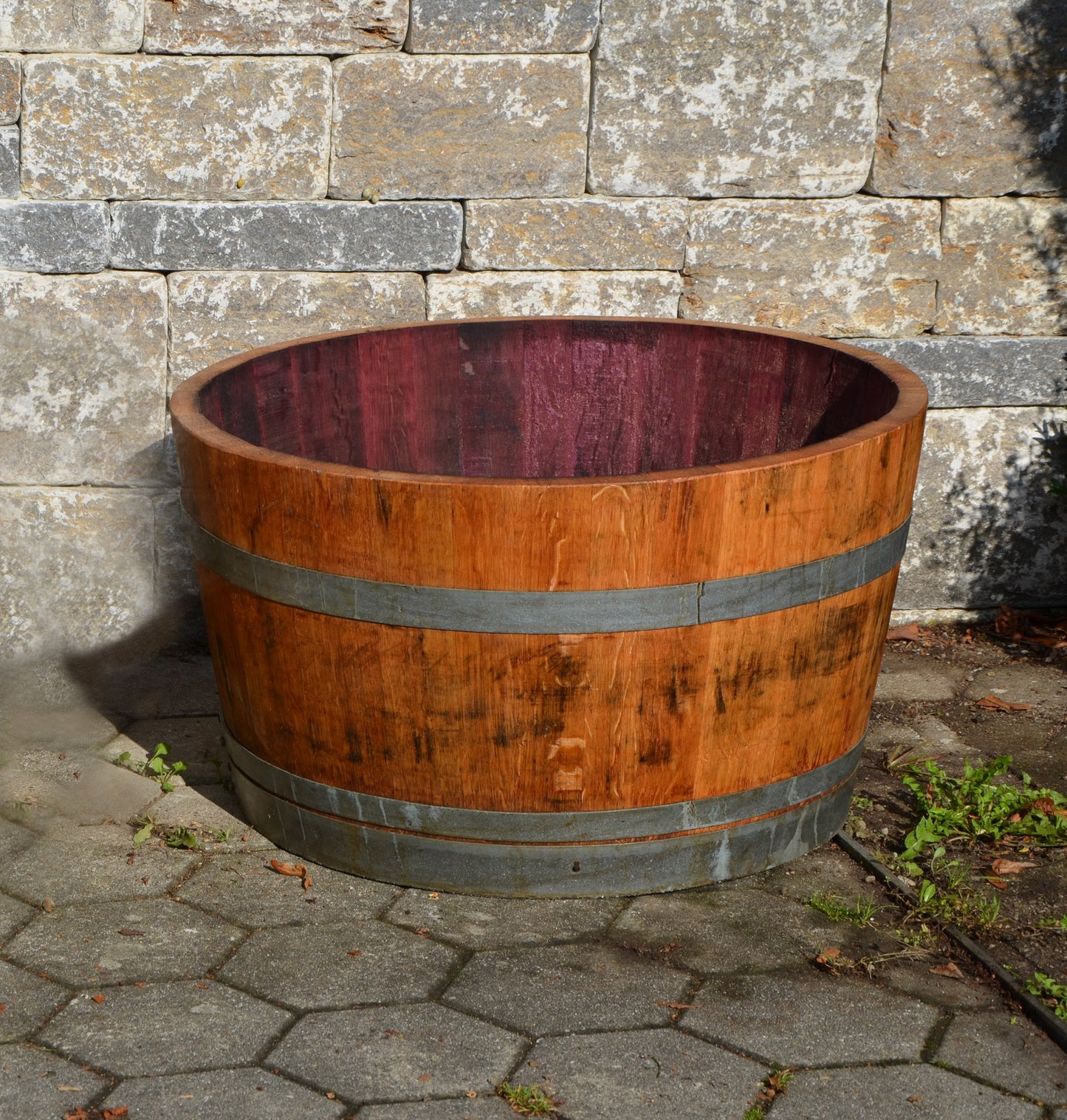 Wooden barrel used as a plant pot, wine barrel halved and oiled (D70 cm) (with handle loops and drainage holes)