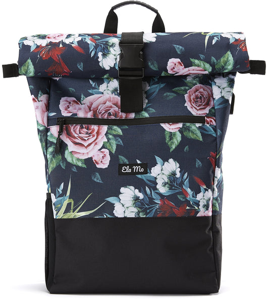 Ela Mo roll-top backpack for women - stylish and practical - laptop backpacks for women - anti-theft bag for school, college, business (Floral)
