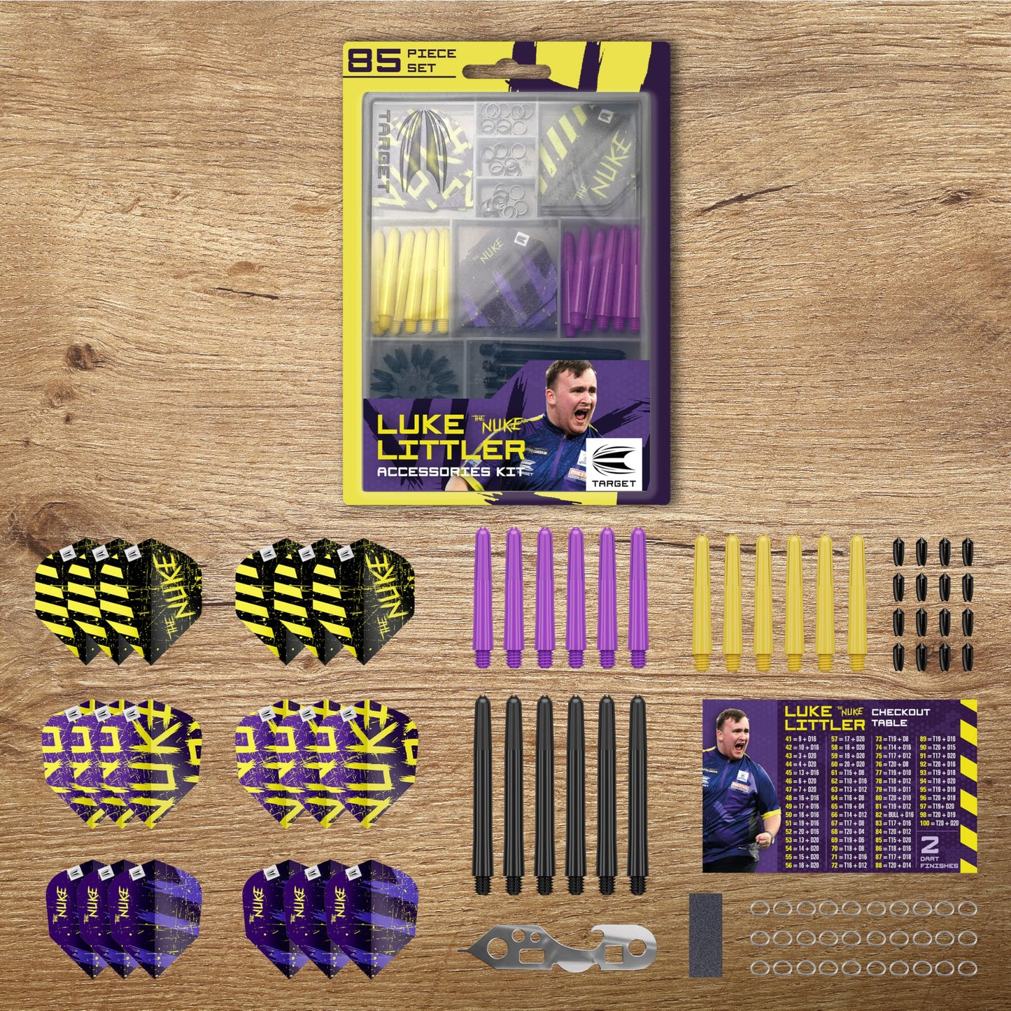 Target Darts Luke Littler Dart Accessories Set | The Nuke 85-piece Dart Set includes dart flights and protectors, shafts, flight protector, multi-tool, dart point sharpener, and steel.