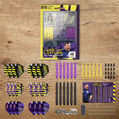 Target Darts Luke Littler Dart Accessories Set | The Nuke 85-piece Dart Set includes dart flights and protectors, shafts, flight protector, multi-tool, dart point sharpener, and steel.