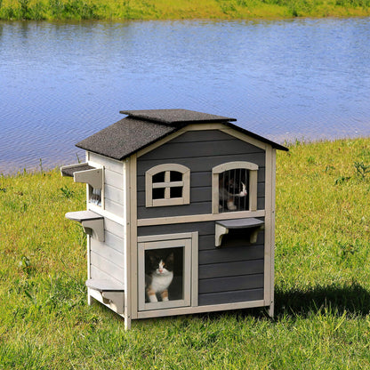 Lionto cat villa made of fir wood with bitumen roof for indoor and outdoor use, two-story cat house with steps, 80x55x90 cm, slatted curtain and windows, suitable for large cats, gray/white.