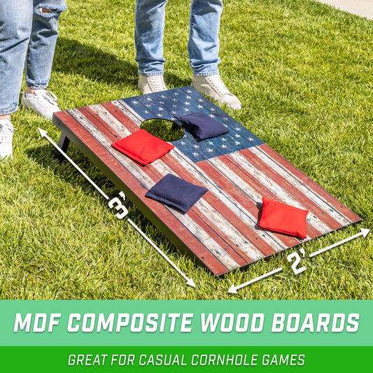 GoSports Cornhole Game Set with American Flag design, 90 x 60 cm, includes two 90 x 60 cm boards, 8 bean bags, and carrying case.