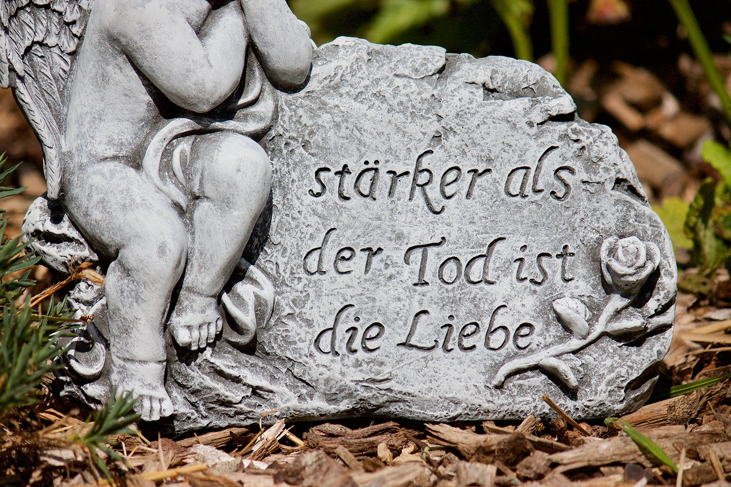 stoneandstyle grave decoration stone figure angel on rock with mourning saying, solid stone casting, frost and weather resistant