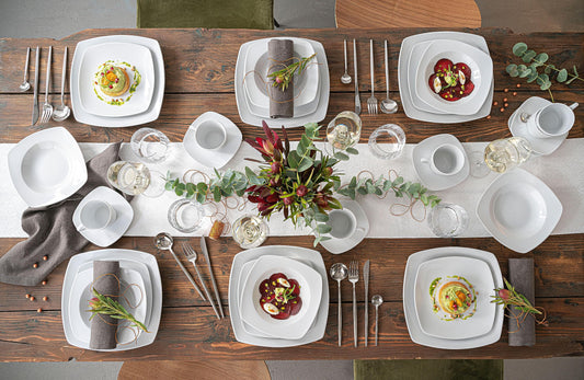 SINGER | 30-piece dinner set, porcelain tableware for 6 people, dishwasher-safe plates set, dining set with dinner plates & coffee service, square white tableware | PREMIUM COLLECTION