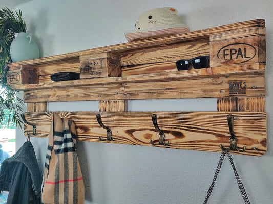 Wardrobe wall made of vintage European wooden pallet with hanging incl. 5 coat hooks coat stand/pallet furniture/pallet wardrobe