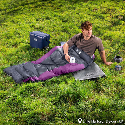 Alpine trail sleeping bag with hood - 250g bag, 3-season sleeping bag. Lightweight, compact - with hood and compression sack (Purple)
