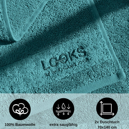 LOOKS BY WOLFGANG JOOP 2X Bath Towel 70x140 cm – 100% Cotton Double Pack Luxury Bath Towels with Hanger & Logo Embroidery, Set of 2 Large Towels in turquoise