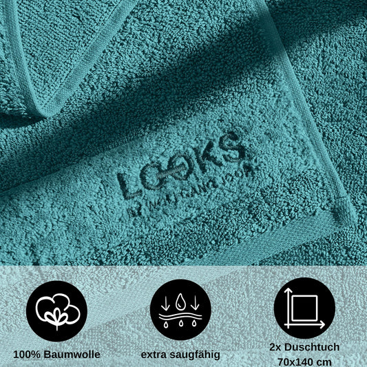 LOOKS BY WOLFGANG JOOP 2X Bath Towel 70x140 cm – 100% Cotton Double Pack Luxury Bath Towels with Hanger & Logo Embroidery, Set of 2 Large Towels in turquoise