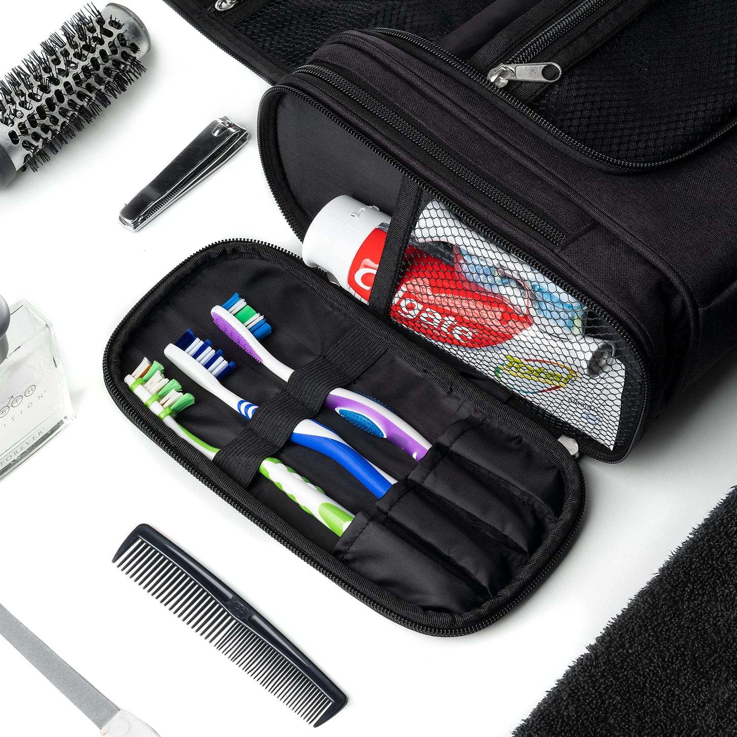 Obics toiletry bag for women & men large black 8L XL - hanging toiletry kit with mirror & travel pouch - outdoor cosmetic bag big as gift set with 10 compartments for camping & travelling