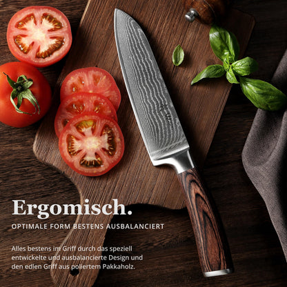 Wakoli EDIB Damascus Santoku Knife, 17cm blade, 67 layers of Damascus steel, VG10 core & Pakka wood handle. Sharp kitchen knife, Damascus knife in gift box for amateur & professional chefs.
