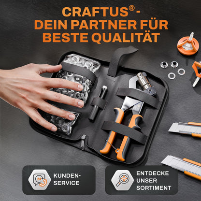 Craftus® Professional Eyelet Tool Set with 200 stainless steel eyelets (Ø 10mm) I Magnetic eyelet press made of hardened steel for fabrics & tarps I Eyelet punch for tarp eyelets & metal eyelets.