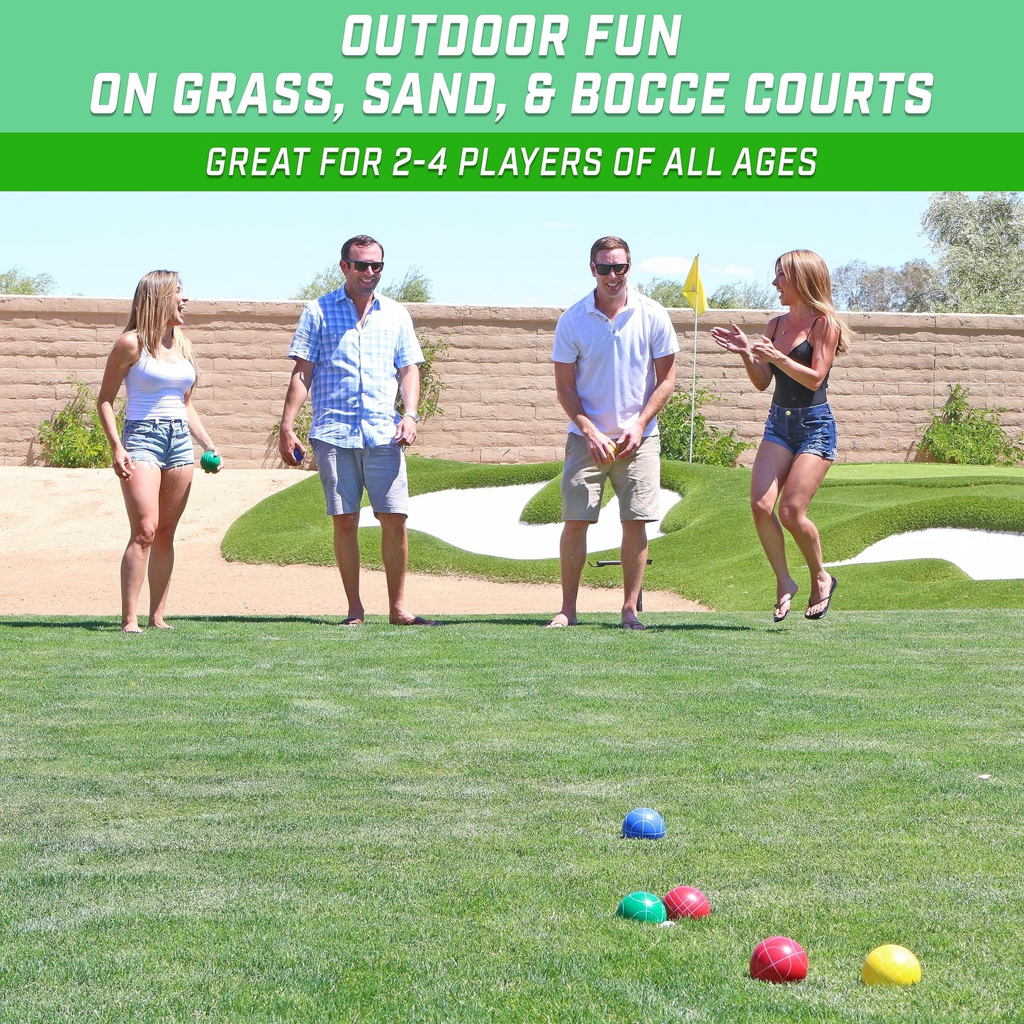 GoSports 90 mm Backyard Bocce Set with 8 balls, Pallino, case, and measuring rope - made of premium resin