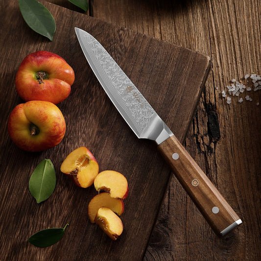 Wakoli Oribu Damascus Kitchen Knife Full Tang with 12.5 cm Blade - Herb knife made of 67 layers of Damascus steel with VG-10 core, knife with olive wood handle in gift box - Knife sharp chef's knife