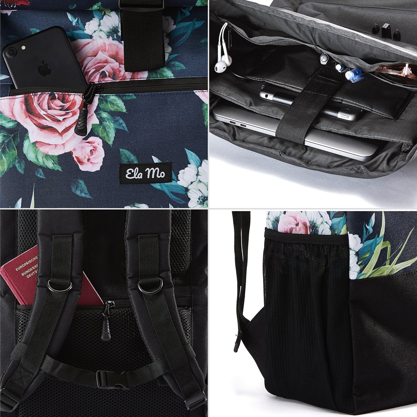 Ela Mo roll-top backpack for women - stylish and practical - laptop backpacks for women - anti-theft bag for school, college, business (Floral)