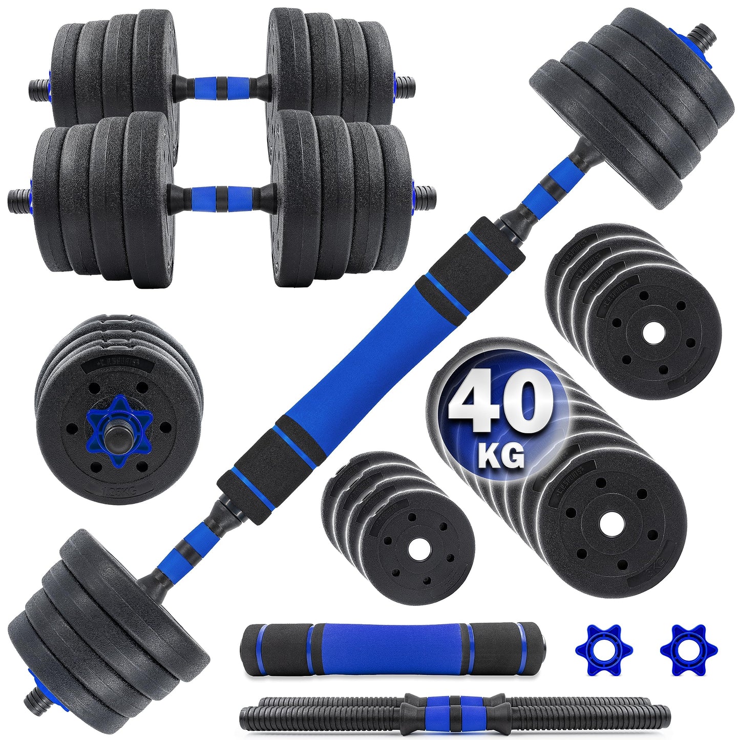 C.P. Sports 2in1 dumbbell & barbell set 30kg / 40kg | Weight plates - Weights - Barbell bars | Adjustable dumbbells - Barbell set for strength training, fitness, home gym (blue-black - 40kg set)