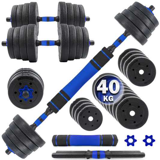 C.P. Sports 2in1 dumbbell & barbell set 30kg / 40kg | Weight plates - Weights - Barbell bars | Adjustable dumbbells - Barbell set for strength training, fitness, home gym (blue-black - 40kg set)