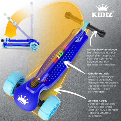 KIDIZ® Roller Kids Scooter X-Pro2 Trike Scooter with PU LED Light-Up Wheels Children's scooter foldable kick scooter adjustable height city scooter kids scooter for boys girls 3-12 years, Blue
