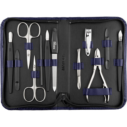marQus Solingen Mega Manicure Pedicure Set 12 Pieces - Nail kit for men and women with everything you need for nail care, in a high-quality genuine leather case, Dark Blue