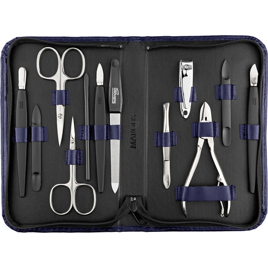 marQus Solingen Mega Manicure Pedicure Set 12 Pieces - Nail kit for men and women with everything you need for nail care, in a high-quality genuine leather case, Dark Blue