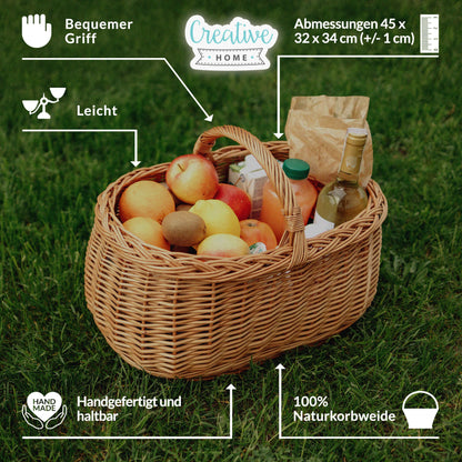 Creative Home Large Picnic Basket Wicker Basket with Handles Shopping Basket Car Basket | 45 x 32 x 34 cm (+/- 1 cm) | Large, Lightweight | Natural Brown | Handwoven | Versatile, Durable Easter Basket Woven