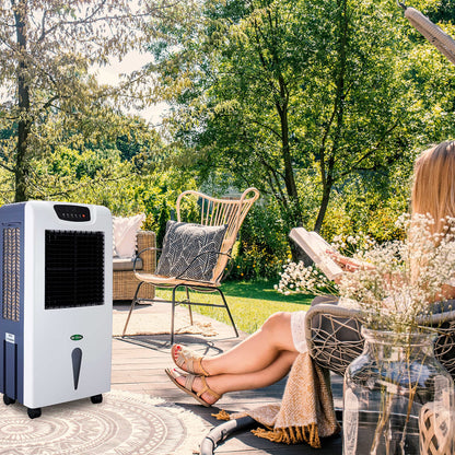 BE COOL air cooler with water cooling, 3-in-1 evaporative cooler, humidifier, fan, oscillation function, air purifier with ionizer, 4 speeds, 63 liter water tank, timer, white/gray.