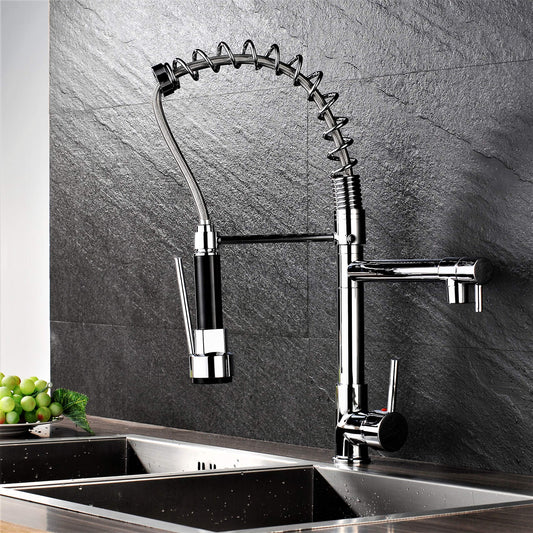 Professional kitchen sink mixer tap with shower spray, spiral spring, and extendable hose in gloss/chrome finish.
