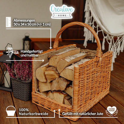 Creative Home Large Fireplace Basket Wood Basket Firewood Basket Rattan | 50 x 34 x 50 cm | Storage Rectangular Wicker Basket for Firewood/Wood | Brown Thick Willow Firewood Basket Wood Carrier Carry Basket