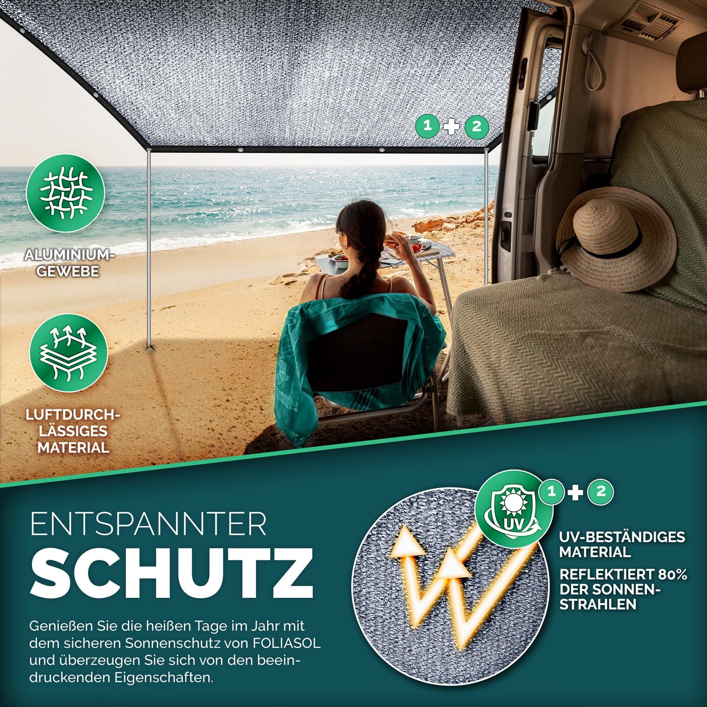 FOLIASOL® Shade Net for Car 4x6 m | Alunet Dog with Eyelets 80% UV | Aluminum Sun Protection for Camping & Vacation | Sun Protection Net with Fastening | Heat Protection Aluminum breathable