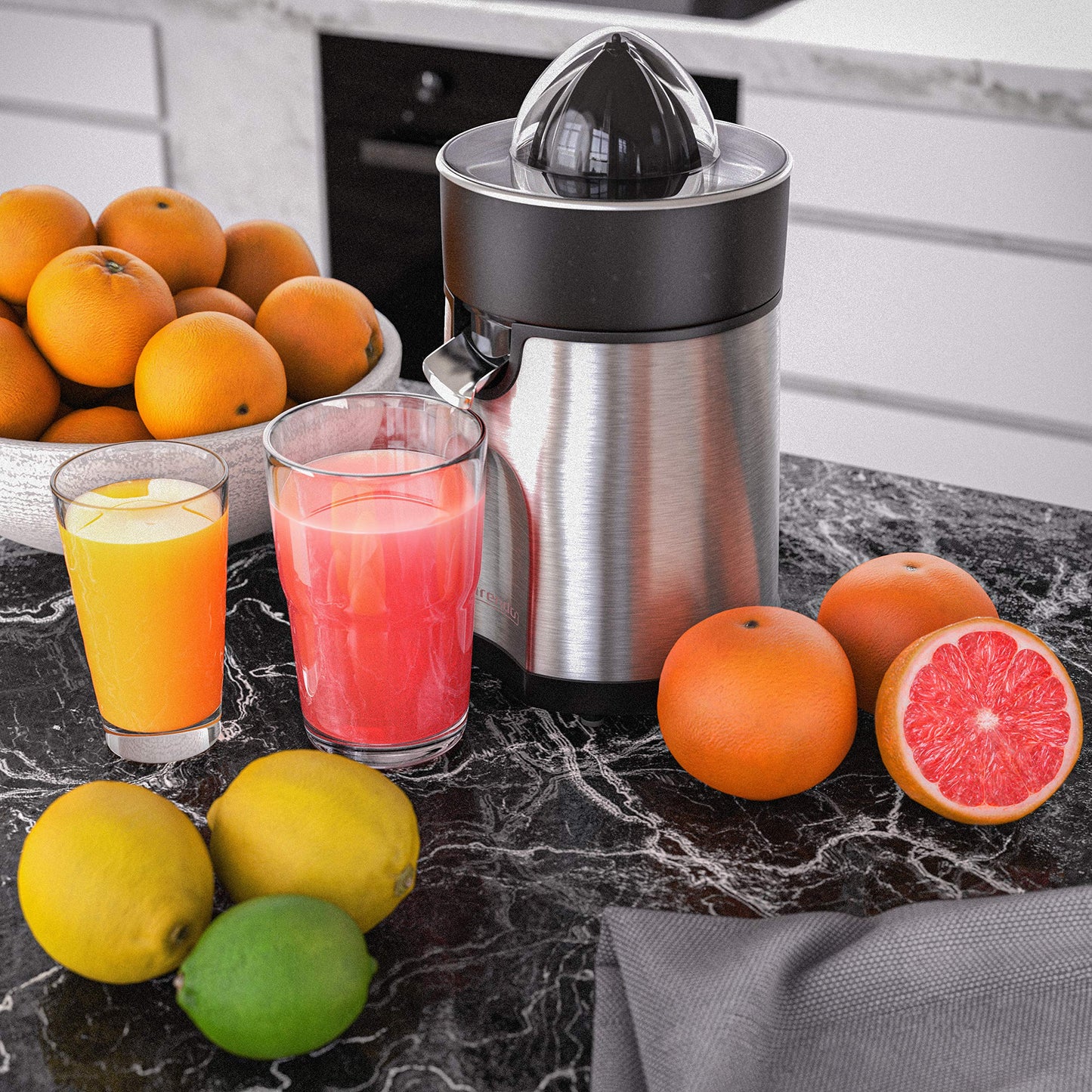 Arendo - electric orange juicer & citrus press stainless steel - juice container 200 ml - start-stop automatic - with 2 press cones - including clear hood - GS tested safety.