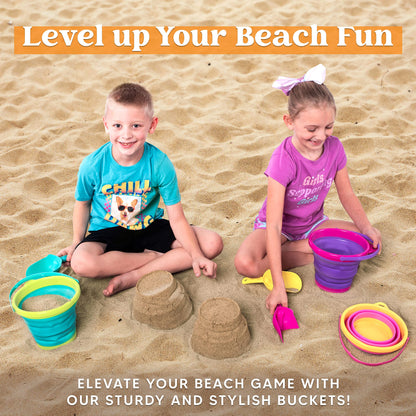 JOYIN 3 Pack Foldable Beach Bucket Set, Sandbox Foldable Sand Toy Bucket with Mesh Backpack for Kids, Camping Gear, Sand Party.