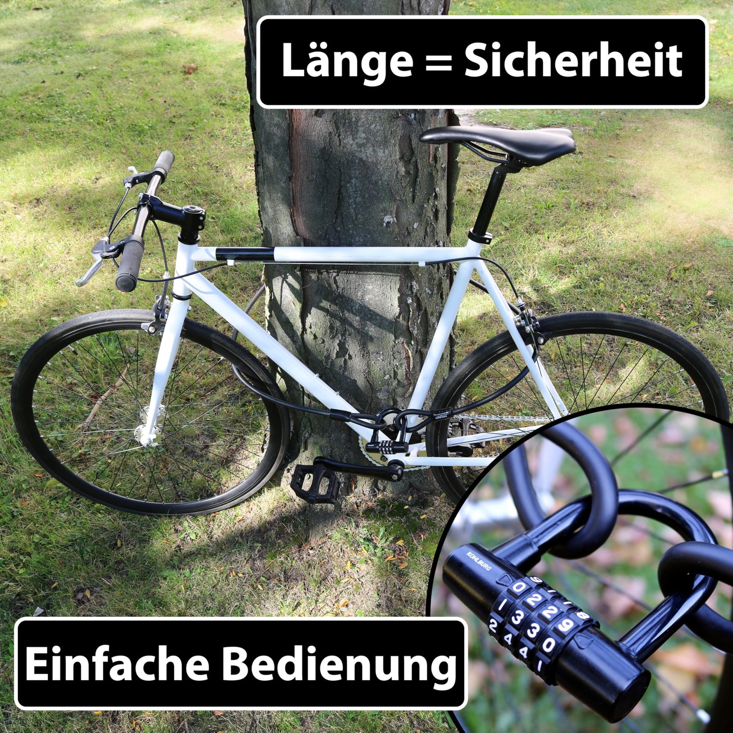 KOHLBURG Cable Lock 2 meters long with number combination - 200cm combination lock - steel cable lock with Velcro fasteners - steel cable, with number code for bike, garden furniture & bike lock
