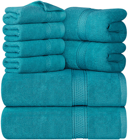 Utopia Towels - 8-piece Cotton Towel Set with Hanger - 2 Bath Towels, 2 Hand Towels, and 4 Washcloths - (Turquoise)
