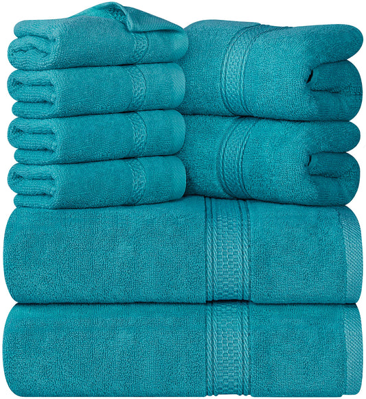 Utopia Towels - 8-piece Cotton Towel Set with Hanger - 2 Bath Towels, 2 Hand Towels, and 4 Washcloths - (Turquoise)